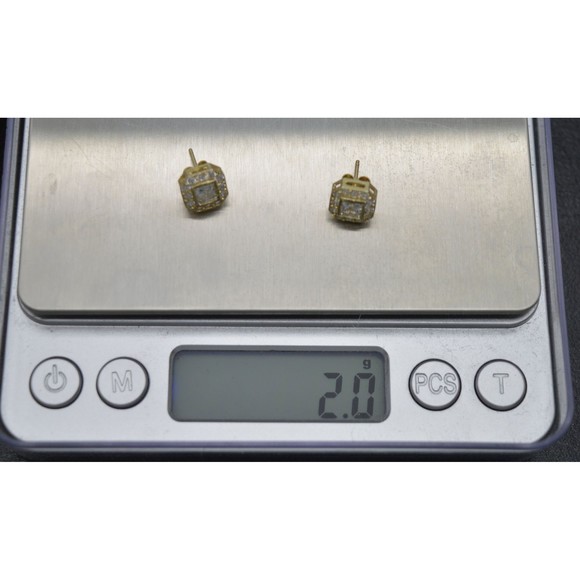 Real 10K Solid Yellow Gold 8.8mm Mens Micro CZ Asscher Cut Stud Earrings 2.0gr - Picture 5 of 6